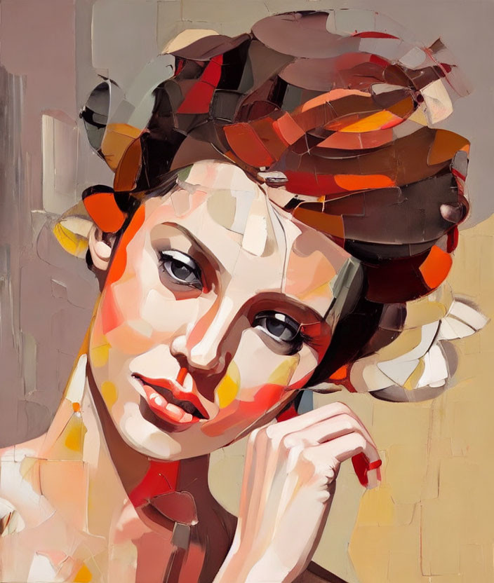 Abstract portrait of woman with geometric shapes and earthy tones