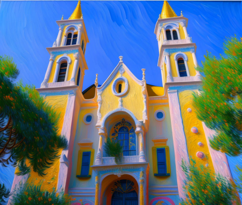 Yellow Church with Twin Bell Towers in Vibrant Artistic Rendition