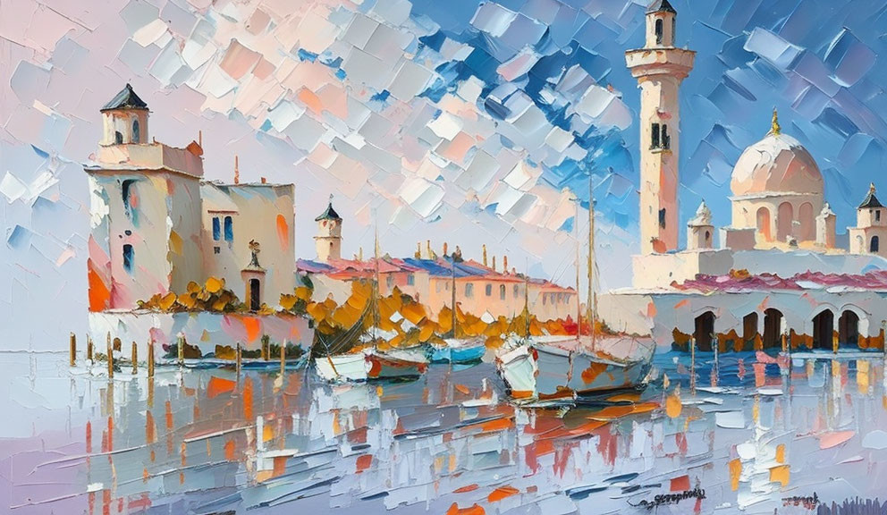 Coastal scene painting with lighthouse, boats, and textured brushstrokes