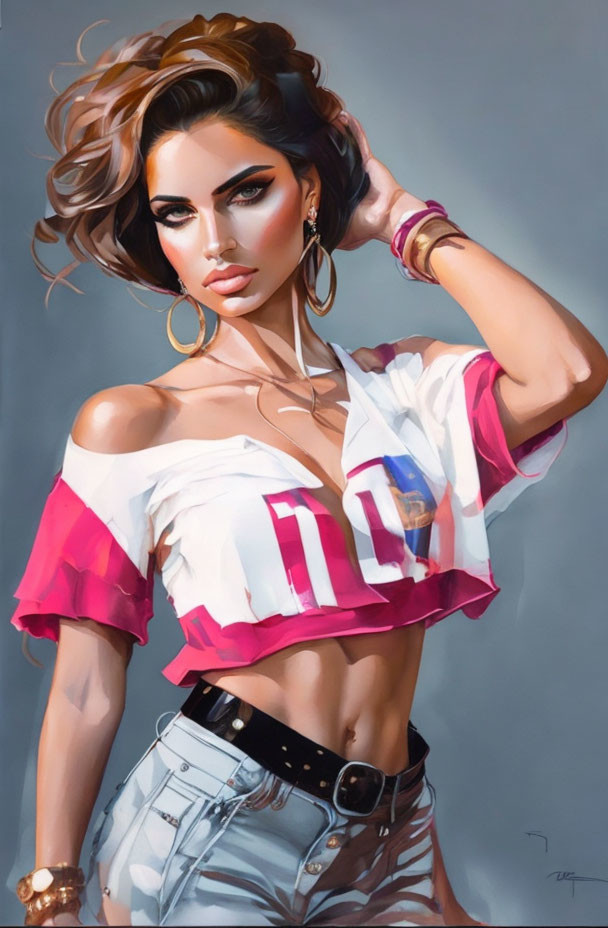 Stylized digital artwork: Woman with brown hair, pink crop top, denim shorts