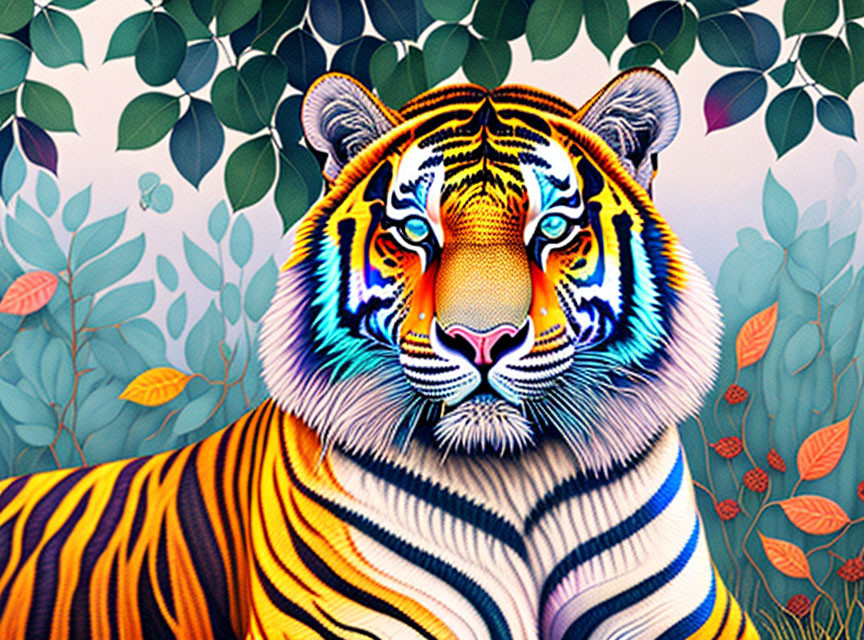 Colorful Tiger Illustration on Leafy Floral Background