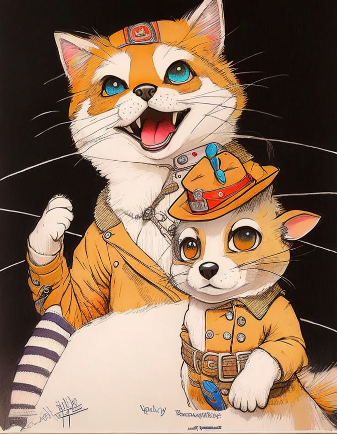 Vibrant cartoon cats in firefighter uniforms with badges and hats