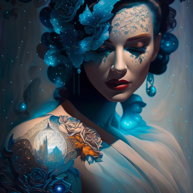 Woman portrait with blue floral adornments and intricate facial tattoos.