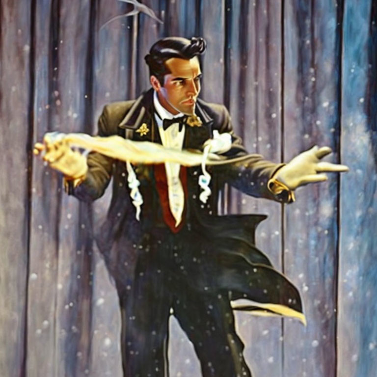 Suave man in tuxedo with open coat against snowy backdrop