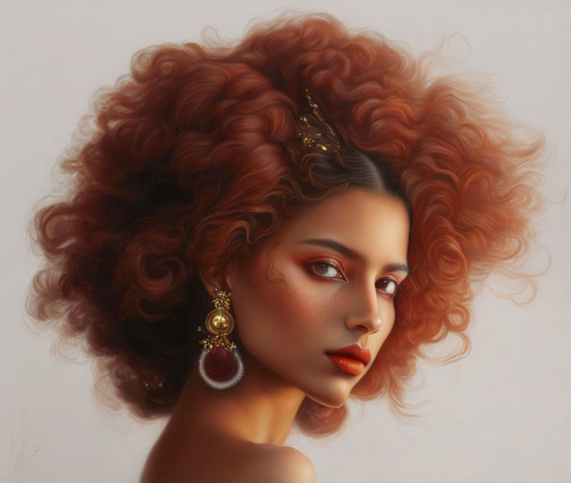 Digital artwork: Woman with voluminous auburn hair, gold hairpiece, earrings, warm makeup