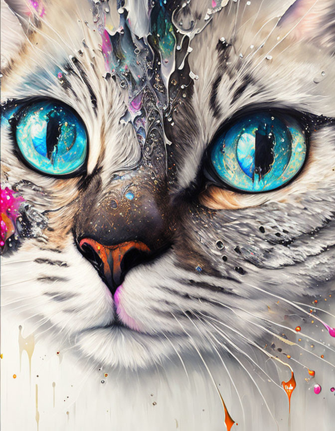 Vibrant close-up cat portrait with blue eyes and paint splatters