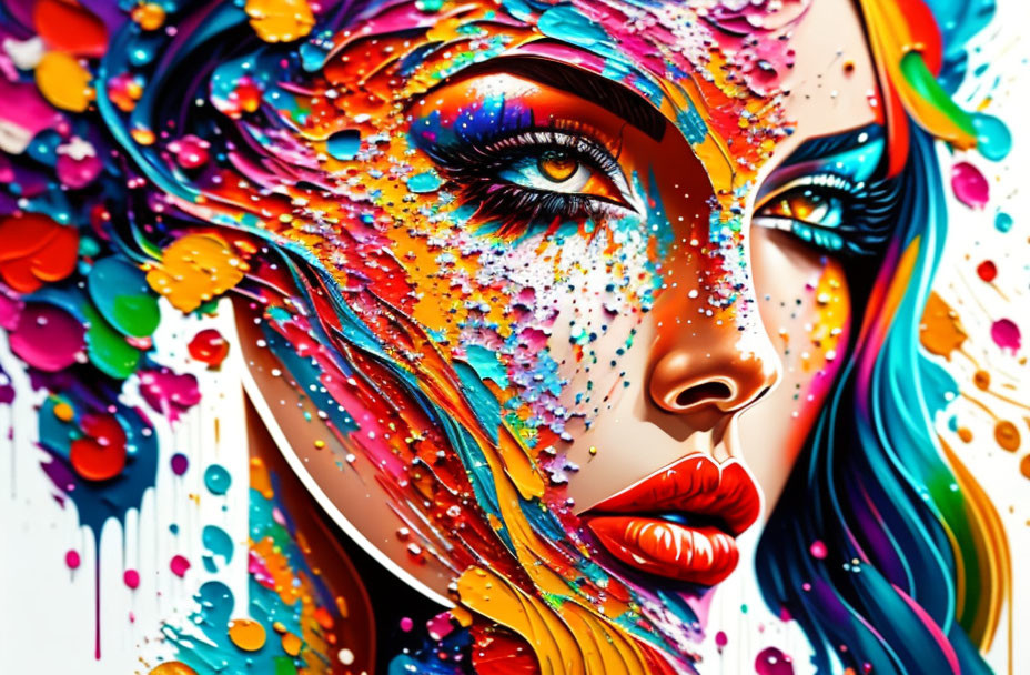 Vibrant artistic portrait of a woman with colorful paint splashes and expressive makeup