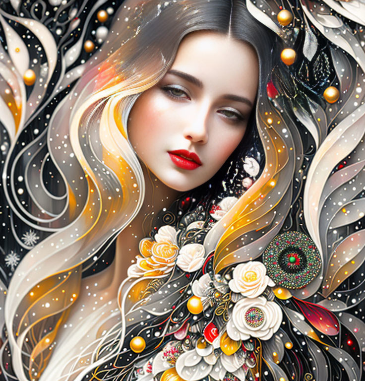 Vibrant digital artwork of woman with flowing hair and ornate patterns