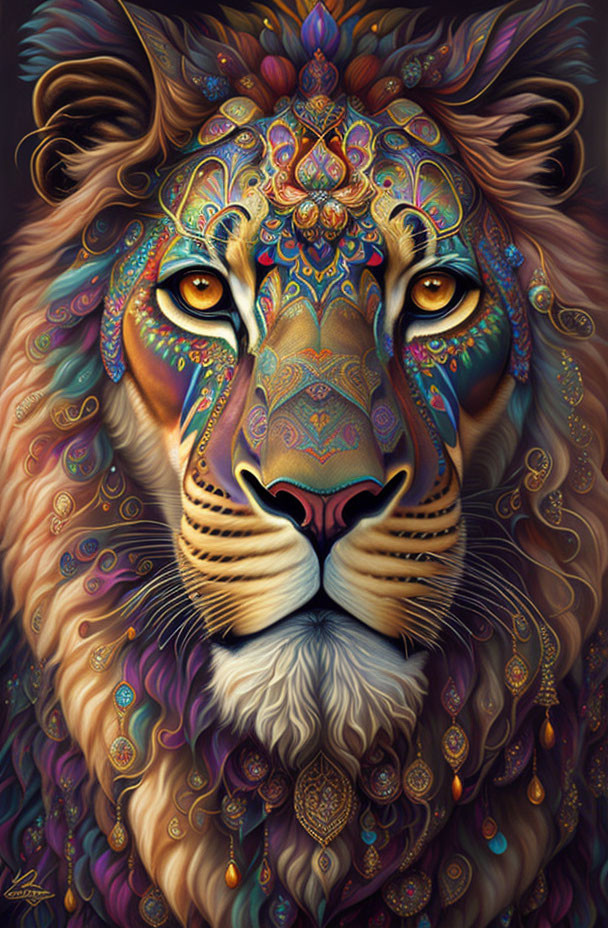 Colorful Lion with Tribal Patterns and Intricate Mane