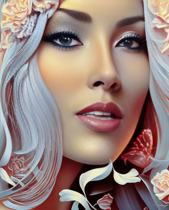 Close-Up Digital Portrait of Woman with Fair Skin and Silver Hair