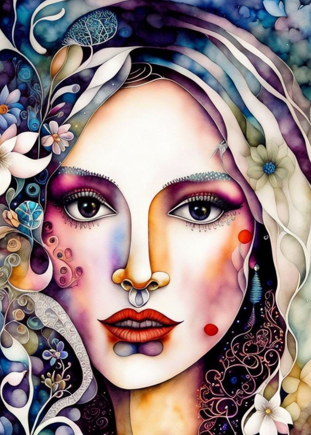 Vibrant Female Face Art with Floral Patterns