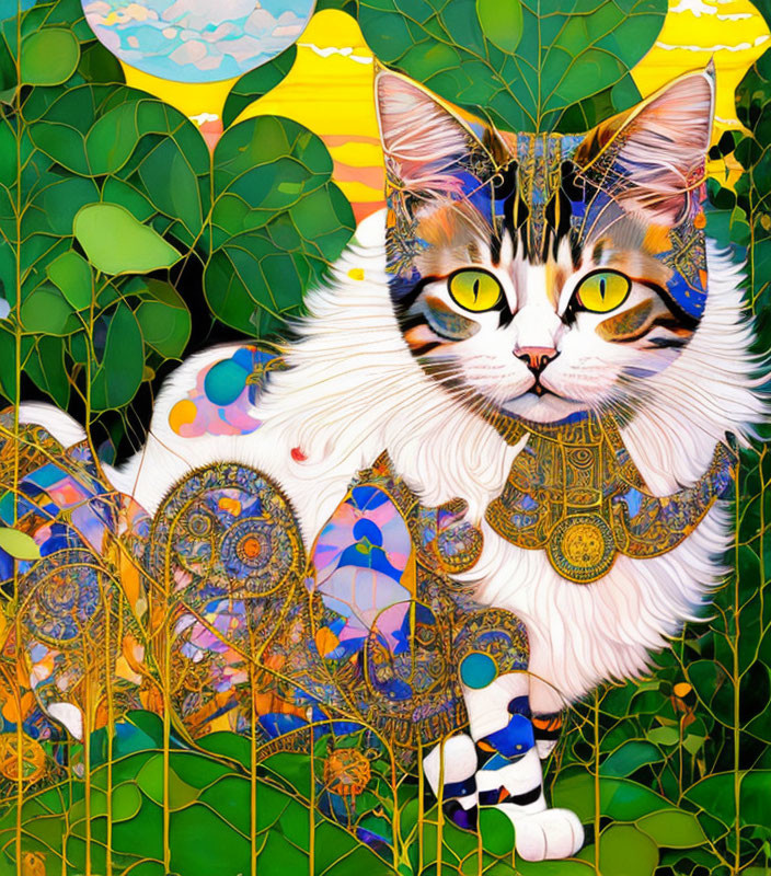 Colorful ornate cat artwork with intricate patterns and nature motifs