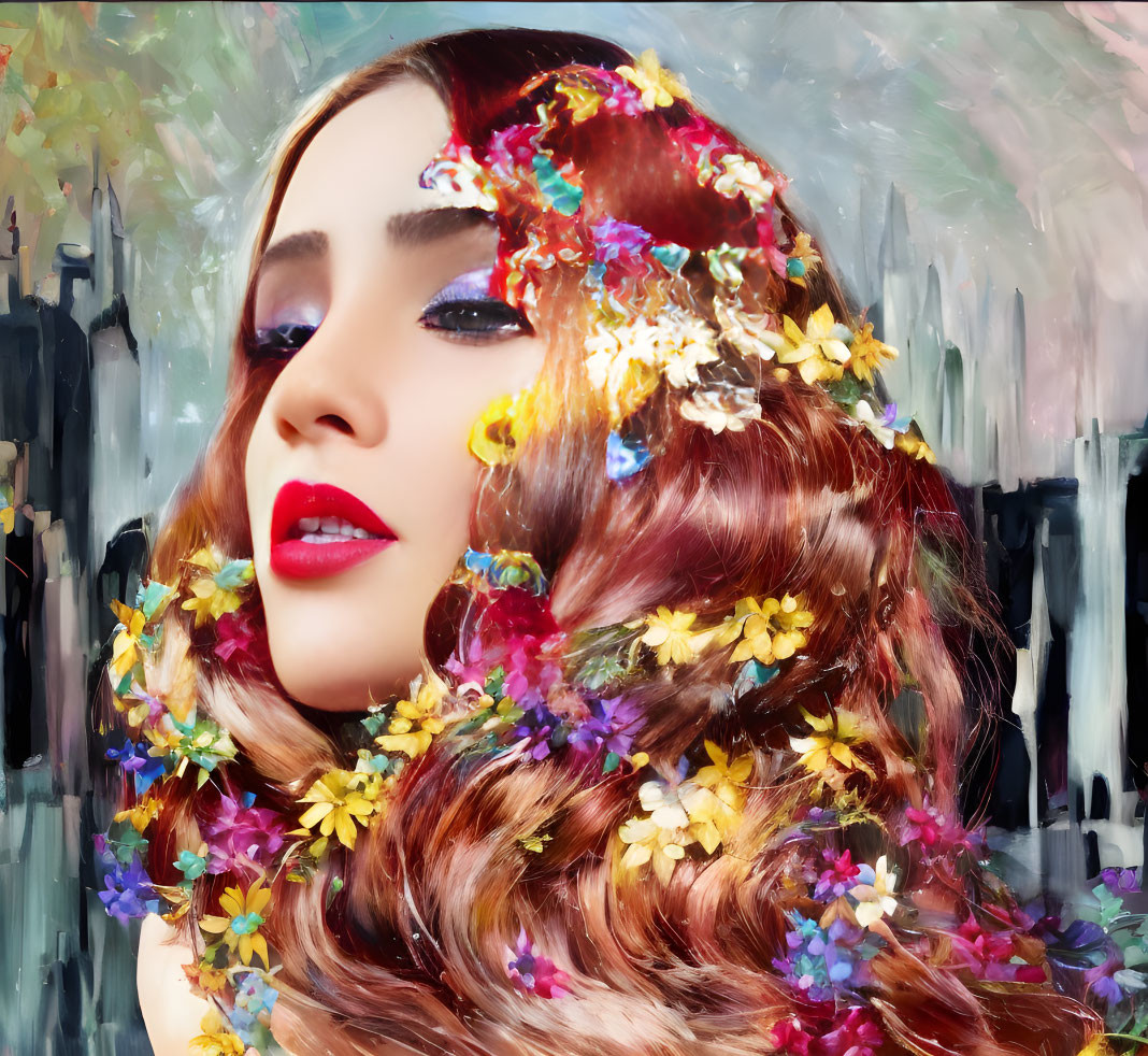 Vivid flower-themed surreal portrait with colorful painted texture