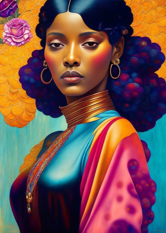 Vibrant painting of woman in colorful attire with floral backdrop