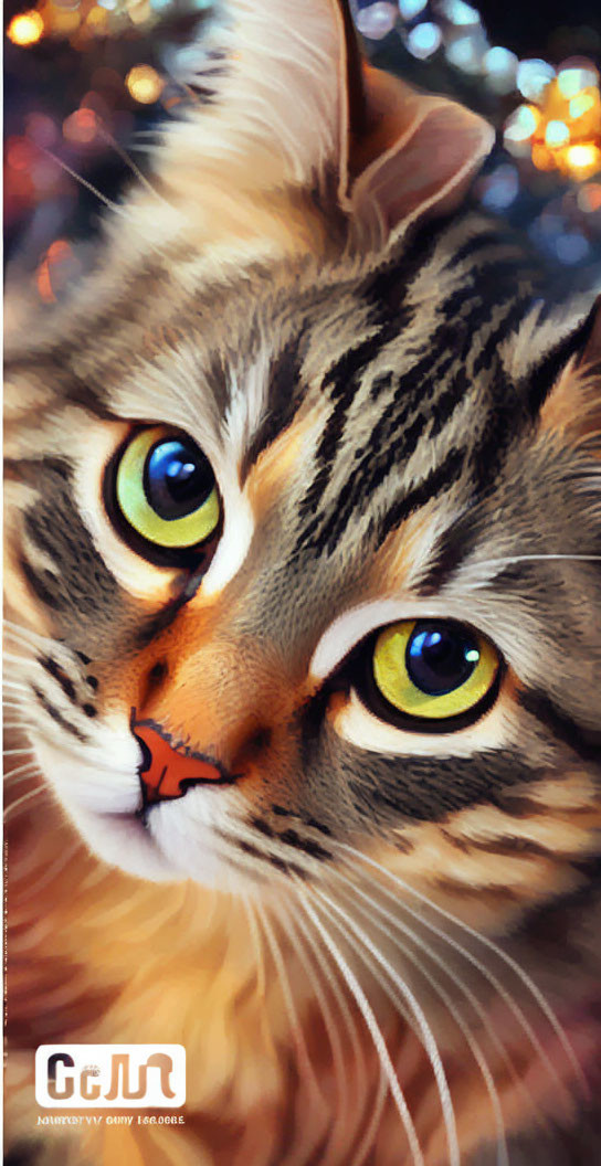 Tabby Cat with Yellow Eyes on Bokeh Background in Vibrant Colors