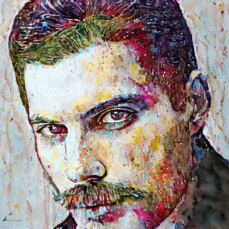 Vibrant abstract portrait of a man with mustache and intense gaze