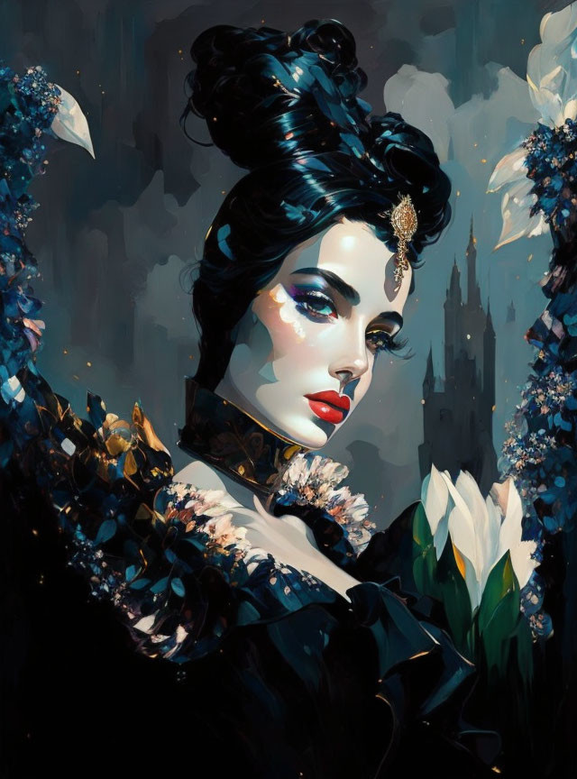 Portrait of a woman with high hair bun, red lips, black floral outfit, castle and flowers.