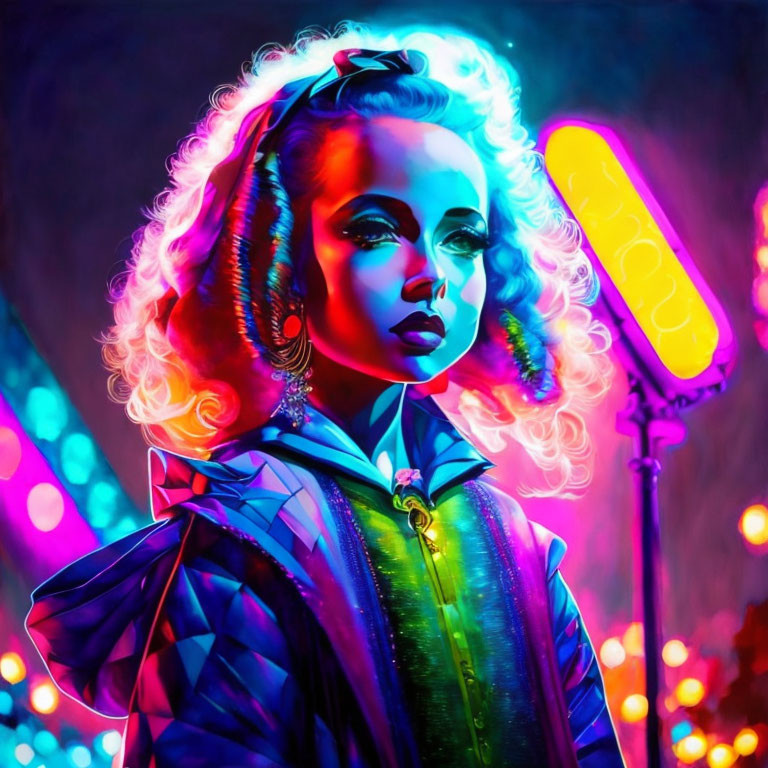 Vibrant digital art: stylized woman with glowing hair and makeup