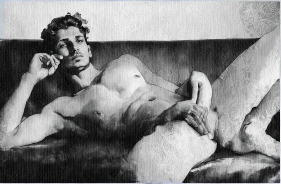 Monochrome artwork of a contemplative bare-chested man reclining