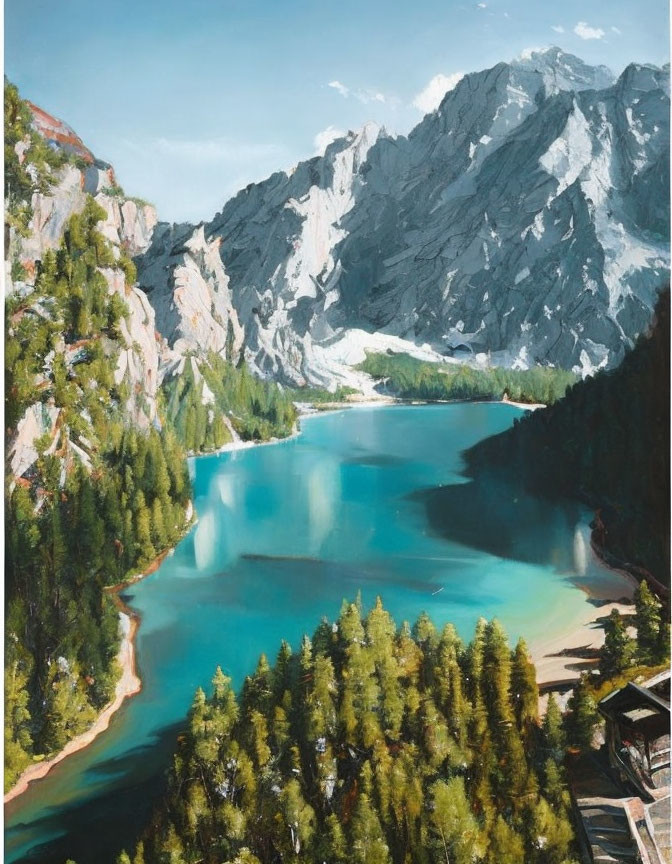 Scenic painting of turquoise lake, green forests, and mountains