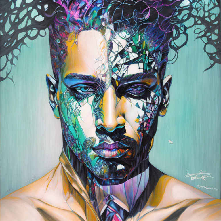 Vibrant portrait with fractured face and abstract patterns on teal background