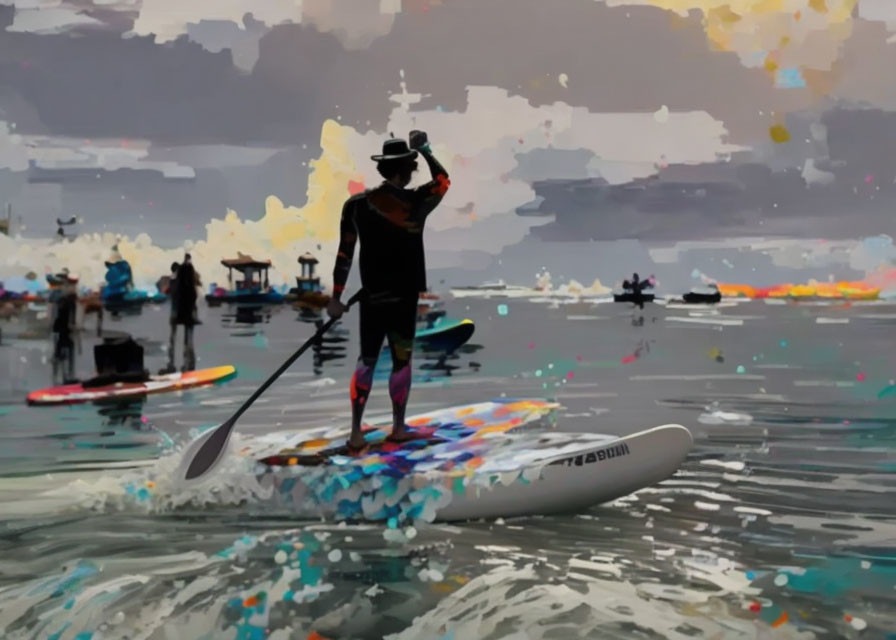 Paddleboarders on water under colorful sky.