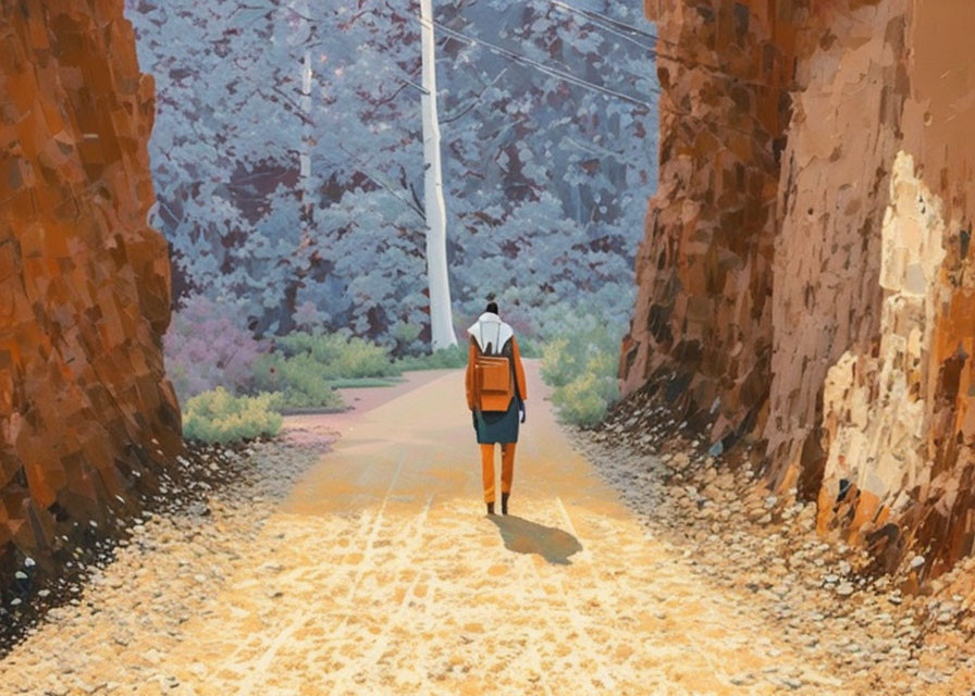 Hiker on sunlit path between rocky cliffs and utility pole