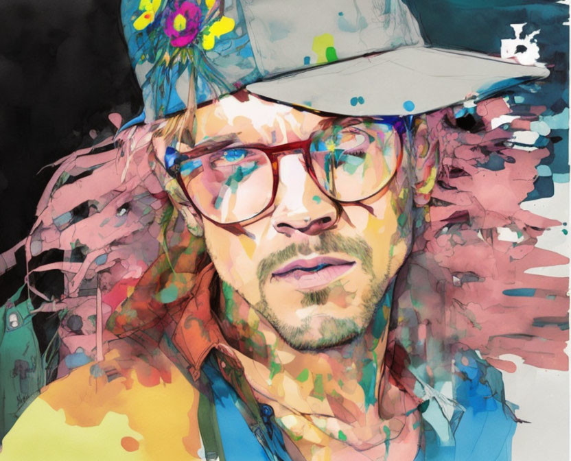 Vibrant watercolor portrait with cap, glasses, and stubble