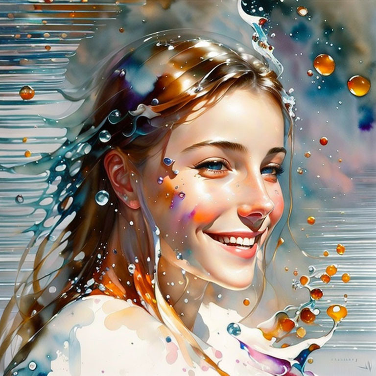 Colorful Digital Art: Smiling Woman with Paint Splash Hair