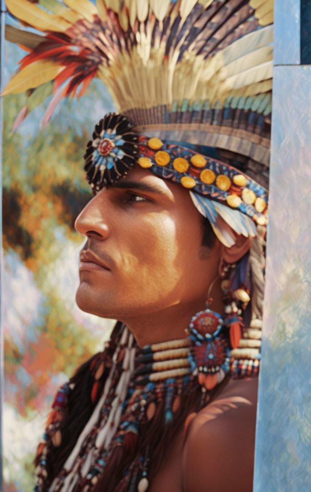 Person in Vibrant Native American Headdress Profile View