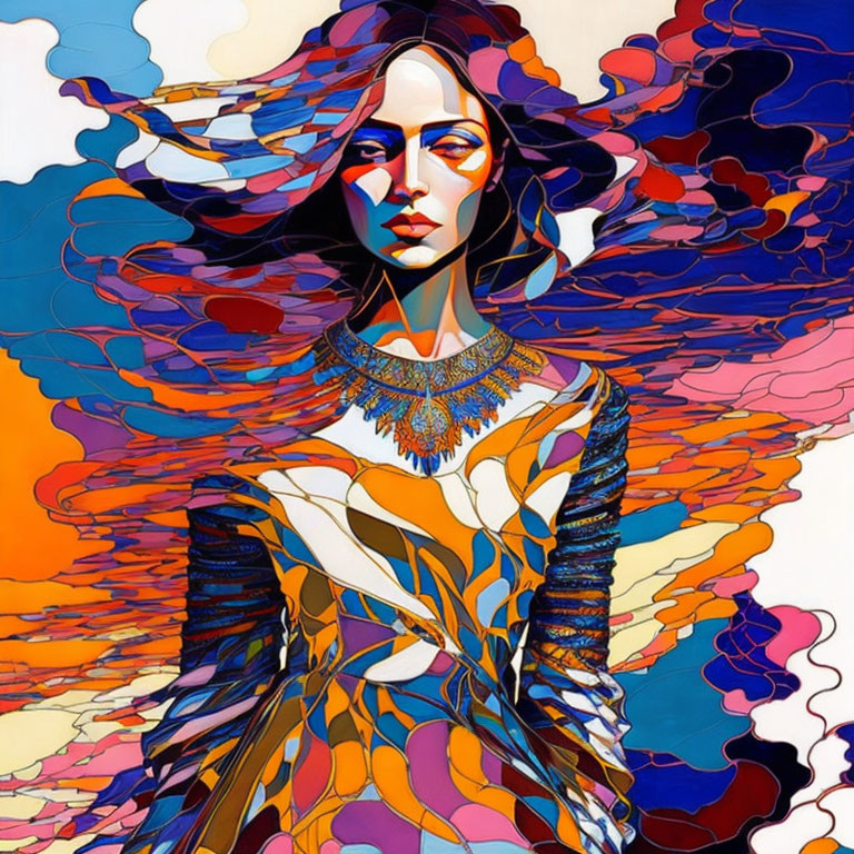 Colorful abstract portrait of woman with multicolored hair and patterned dress