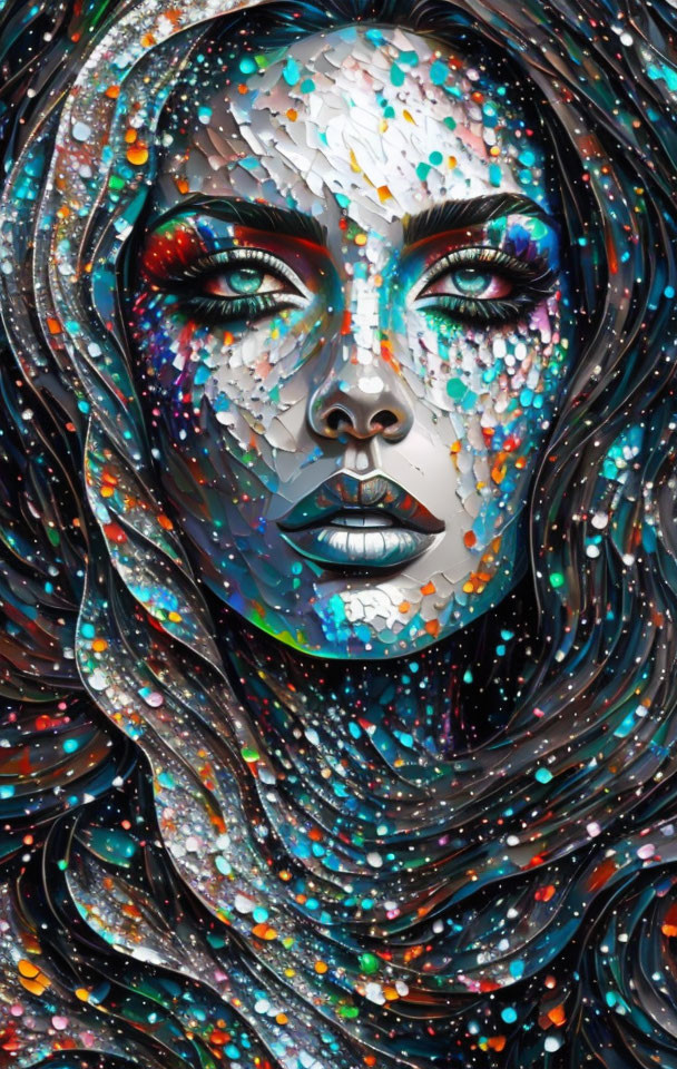 Colorful Glitter Skin Woman Portrait with Cosmic Theme