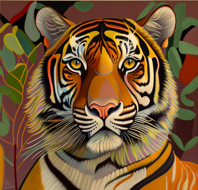 Vibrant tiger face with stylized foliage backdrop