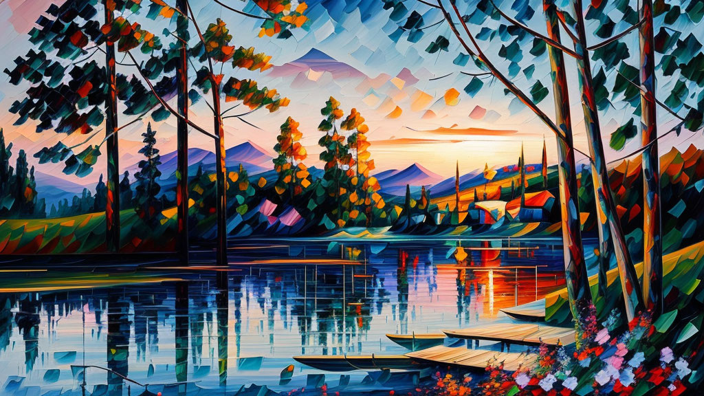 Vivid Sunset Lakeside Painting with Trees, Boat, and Geometric Patterns