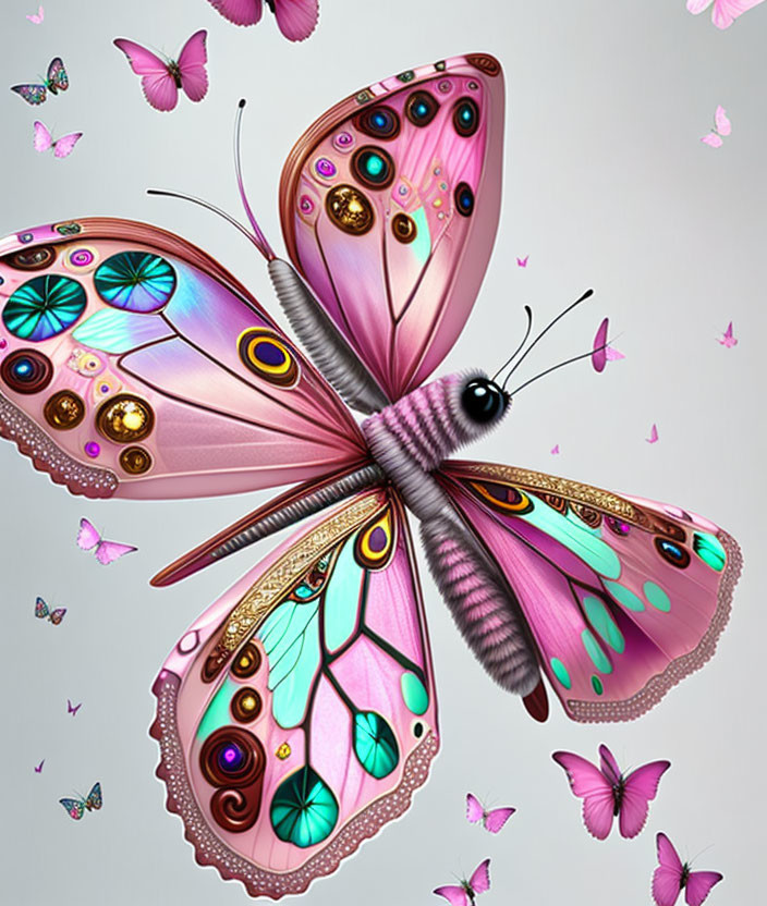 Colorful Ornate Butterfly Artwork with Surrounding Butterflies on Light Background