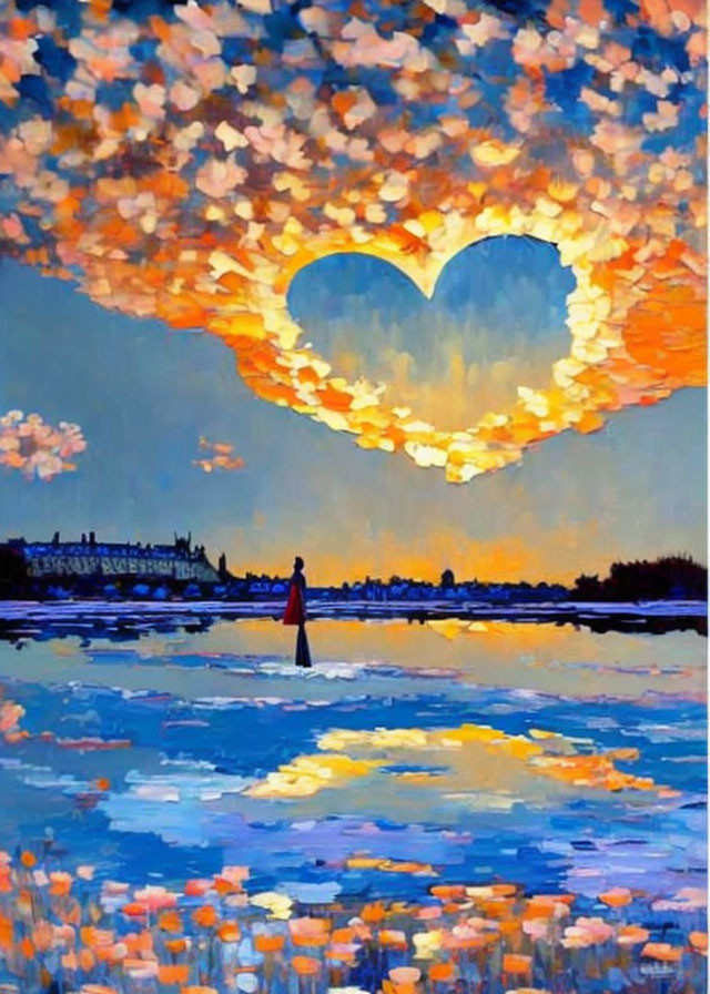 Colorful painting of lone figure under heart-shaped clearing at sunset