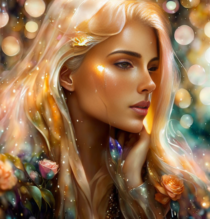 Digital artwork: Woman with golden hair and flowers in mystical setting