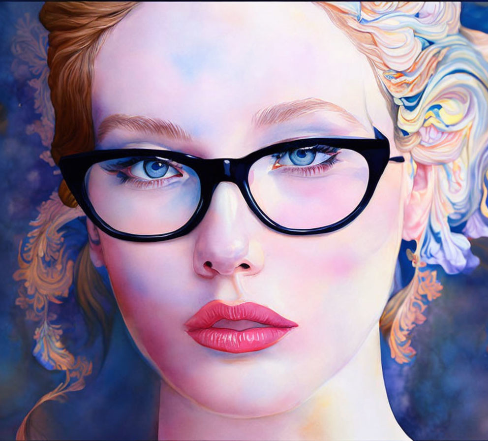 Digital painting of a fair-skinned woman with blue eyes and red lips, wearing black glasses, set