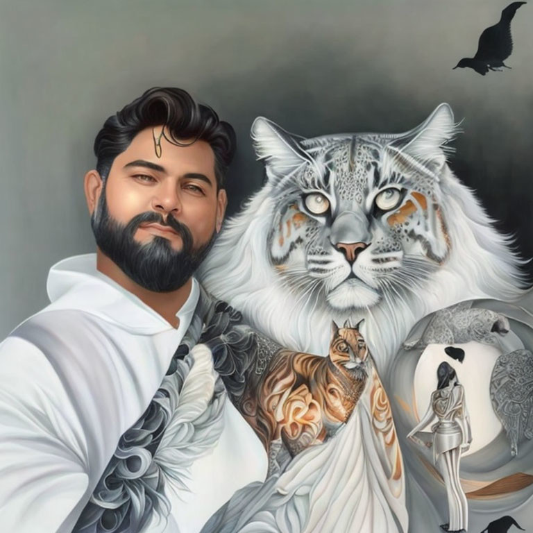 Bearded man with tiger in monochrome setting with mystical elements