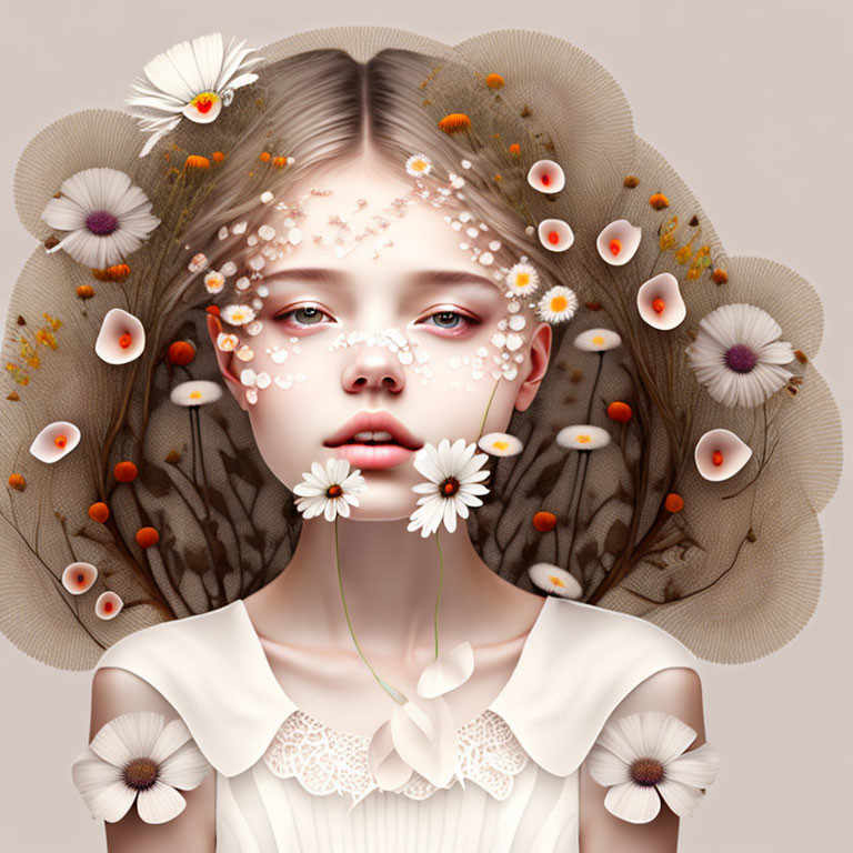 Surreal portrait featuring girl with floral and tree branch hair intertwining