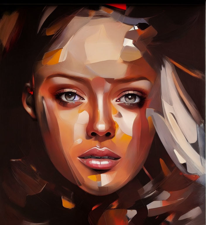 Abstract female face painting in warm tones with distorted features