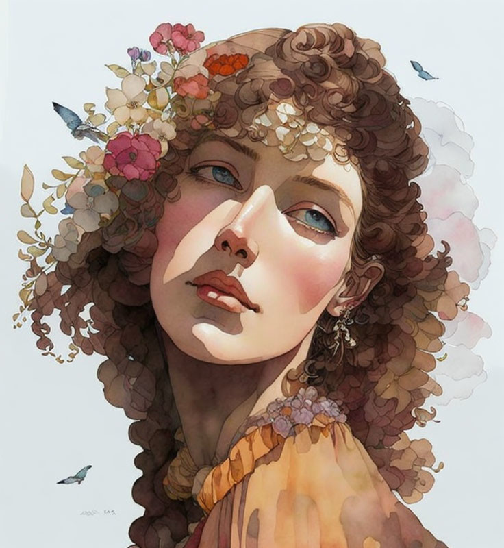 Woman portrait with curly hair, colorful flowers, soft hues, and birds in the background