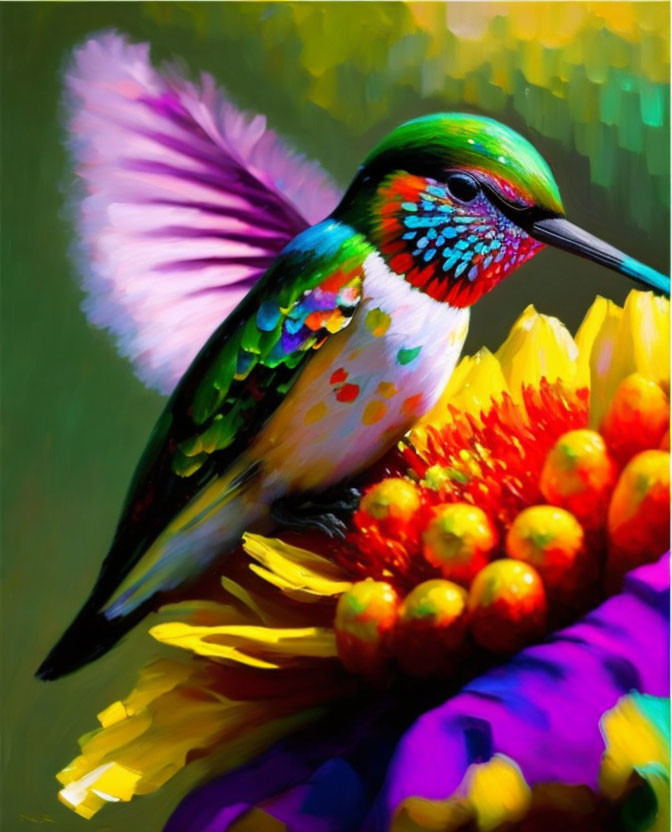 Colorful Hummingbird Painting on Yellow and Red Flower Against Green Background