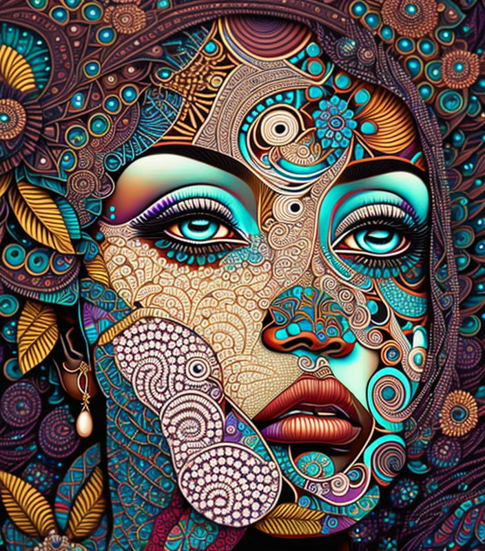 Colorful and intricate woman's face with swirling patterns and surreal elements