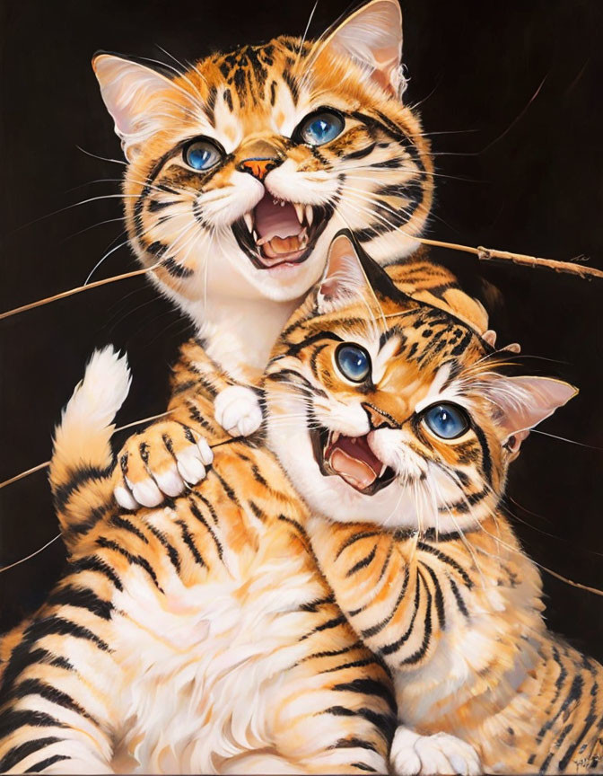 Two playful cats with large eyes hugging on dark background