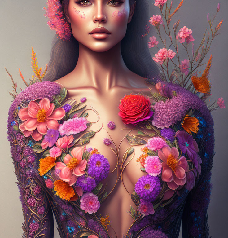 Woman with Floral Body Art: Vibrant flowers and plants on shoulders and chest