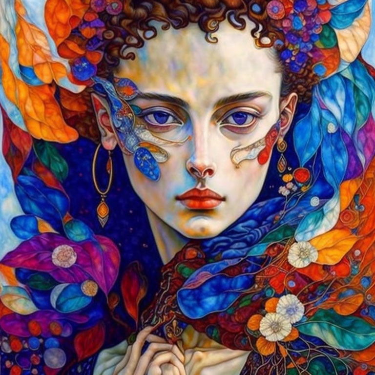 Detailed surreal portrait with colorful flowers and butterflies