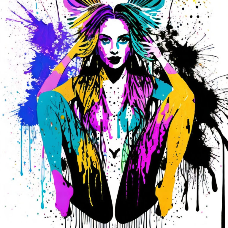 Colorful pop art portrait of a woman with neon paint splashes on white background