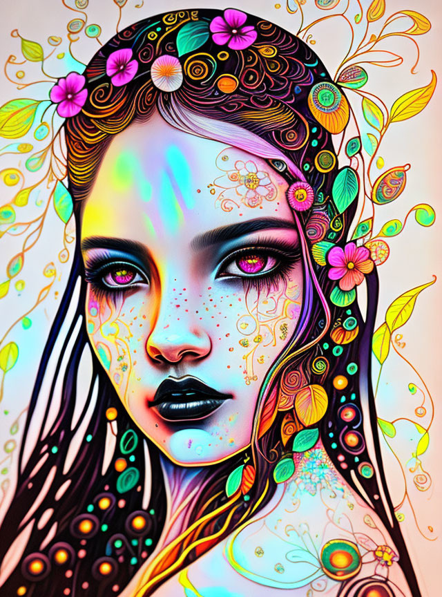 Colorful Floral Patterns Adorn Woman's Digital Portrait