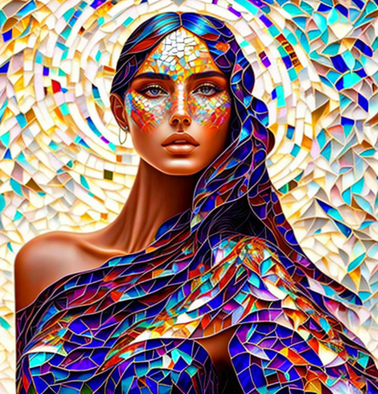 Colorful digital artwork: Woman with kaleidoscopic skin and mosaic background